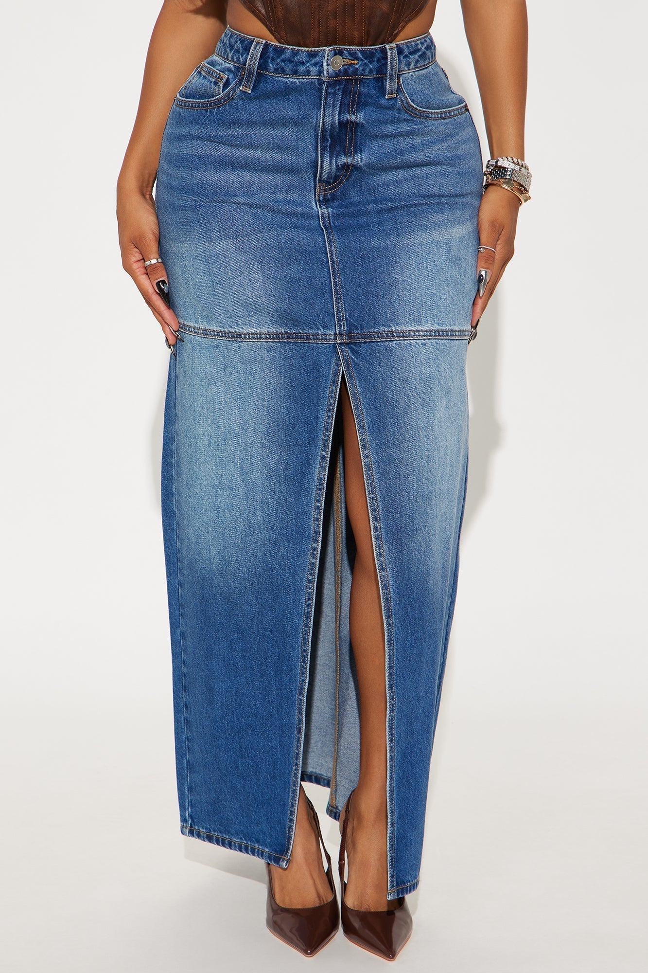 Playing For Keeps Denim Maxi Skirt - Medium Wash