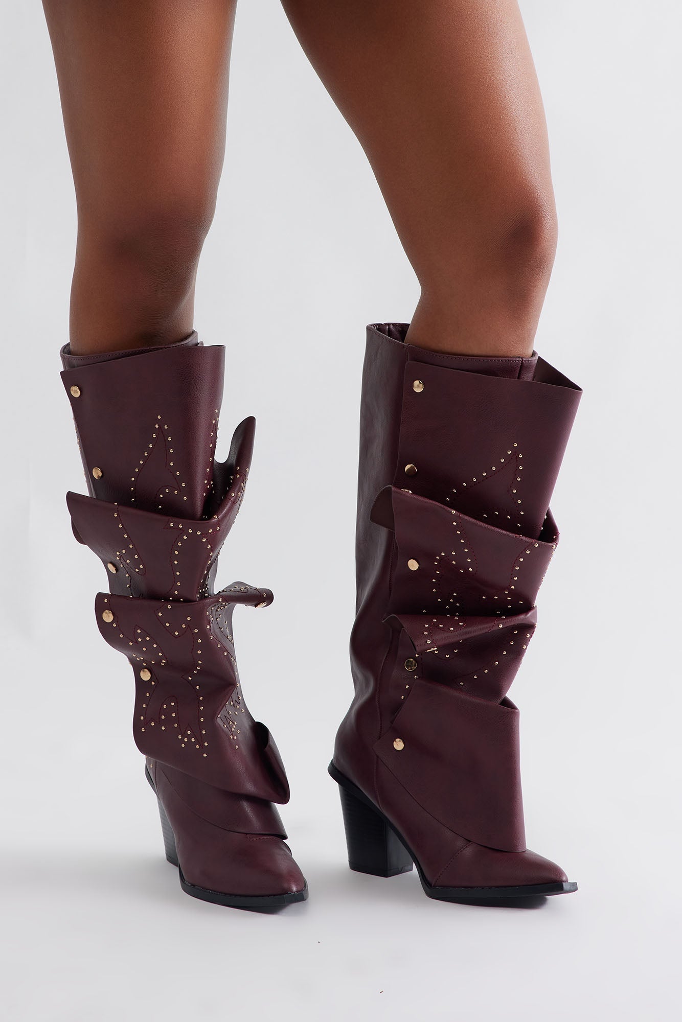 Armor Studded Knee High Boots - Burgundy