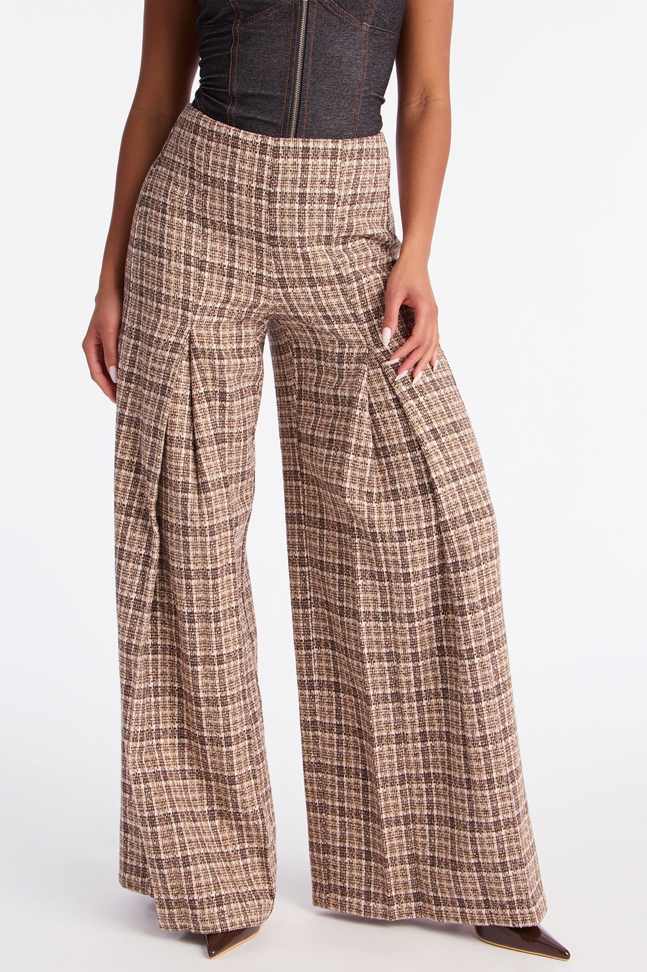 Nayeli High RiseWide Leg Plaid Pant 33 - Brown/combo