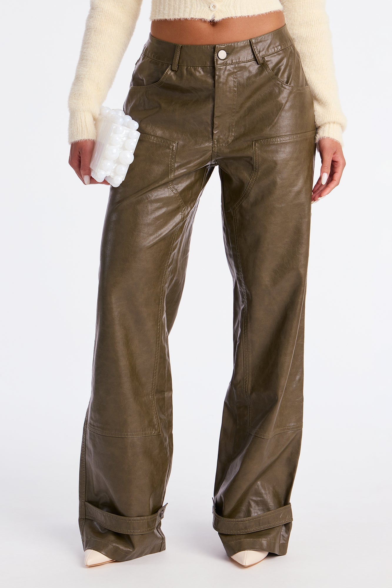 Sammie Faux Leather Wide Pant 32″ - Dark Olive