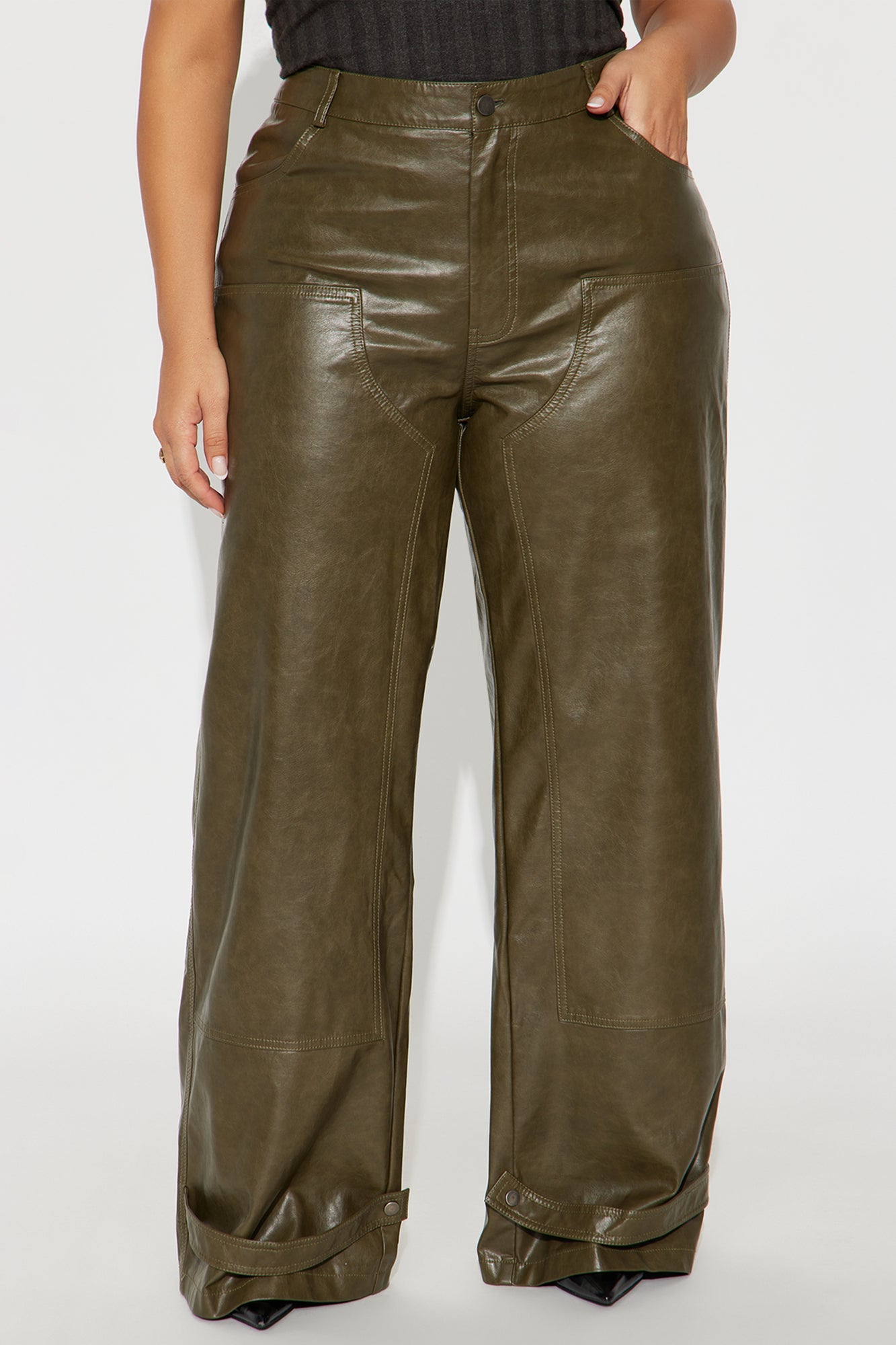 Sammie Faux Leather Wide Pant 32″ - Dark Olive