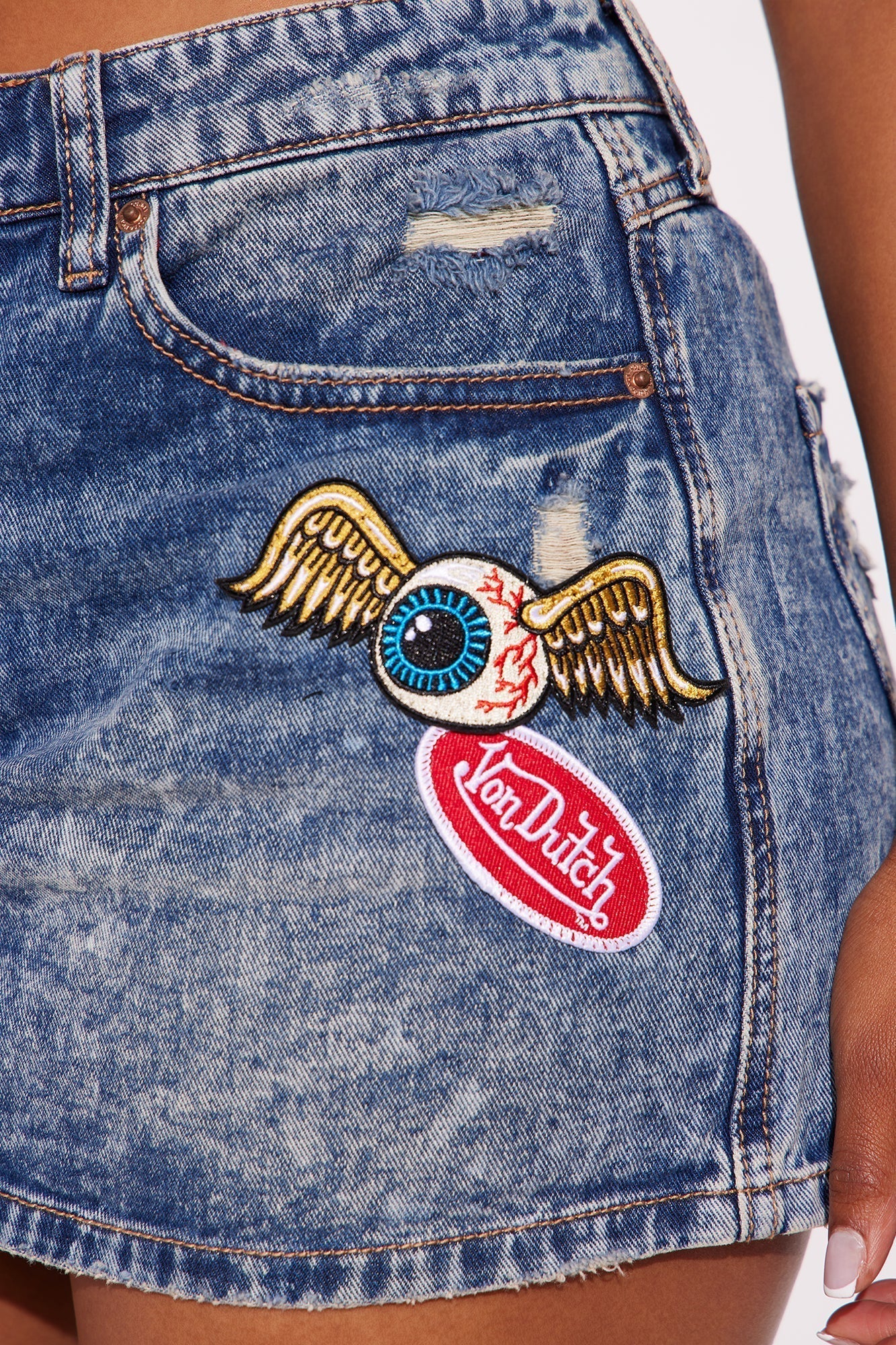 Von Dutch Angel Eyes Denim Mini Skirt - Vintage Wash