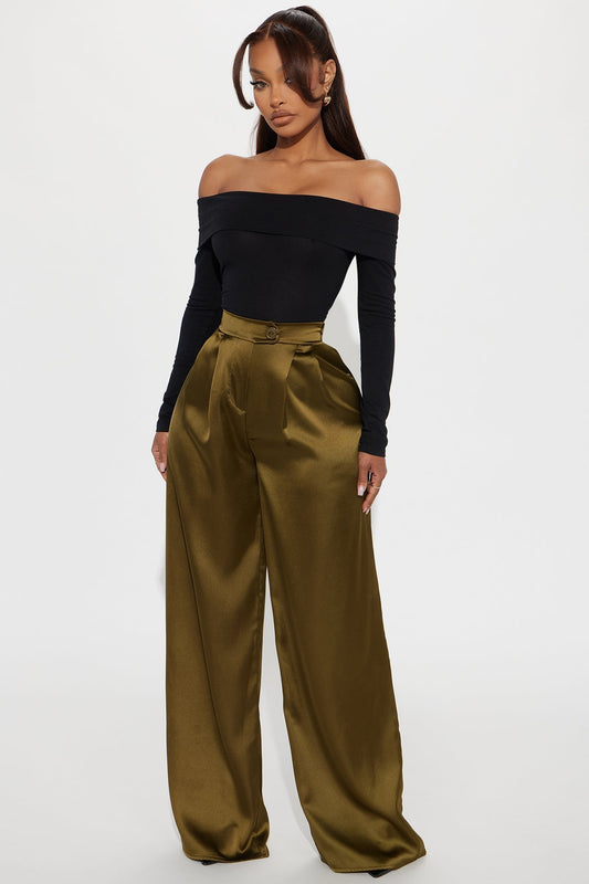 Tone It Down Satin Trouser - Olive
