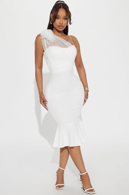 Prize Possession One Shoulder Midi Dress - White