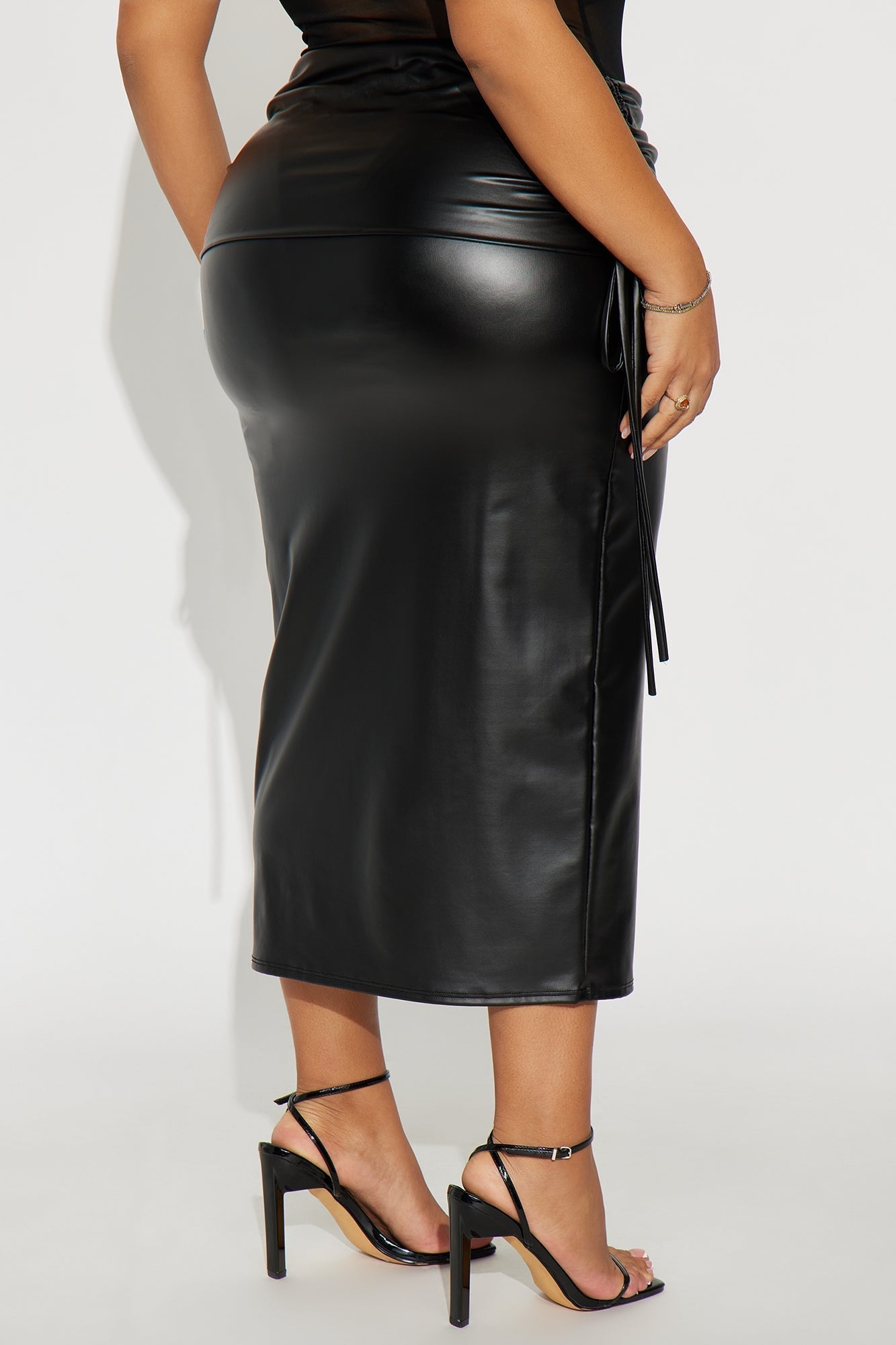 Jade Faux Leather Ruched Midi Skirt - Black