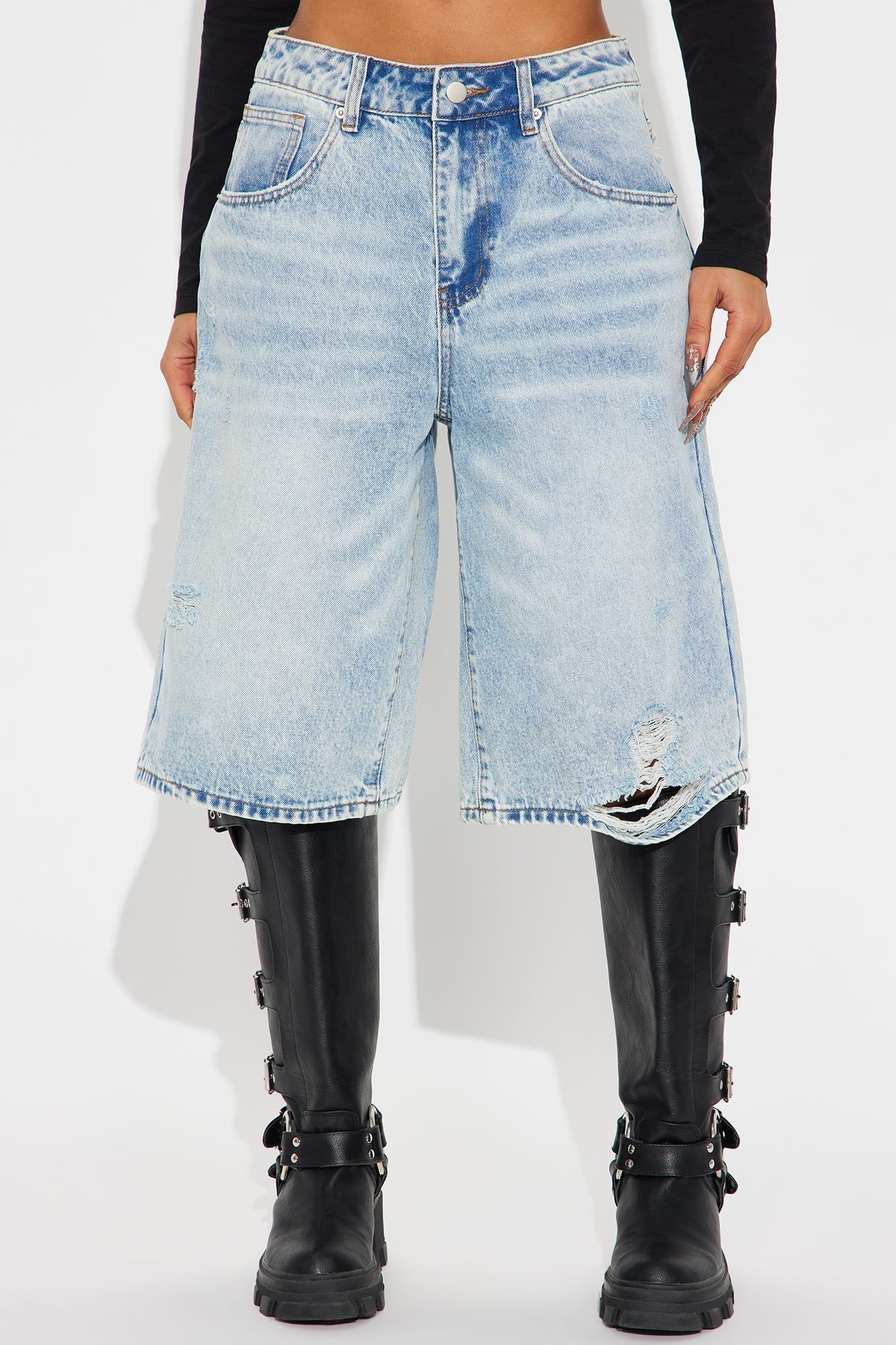Social Club Ripped Denim Jorts - Light Wash