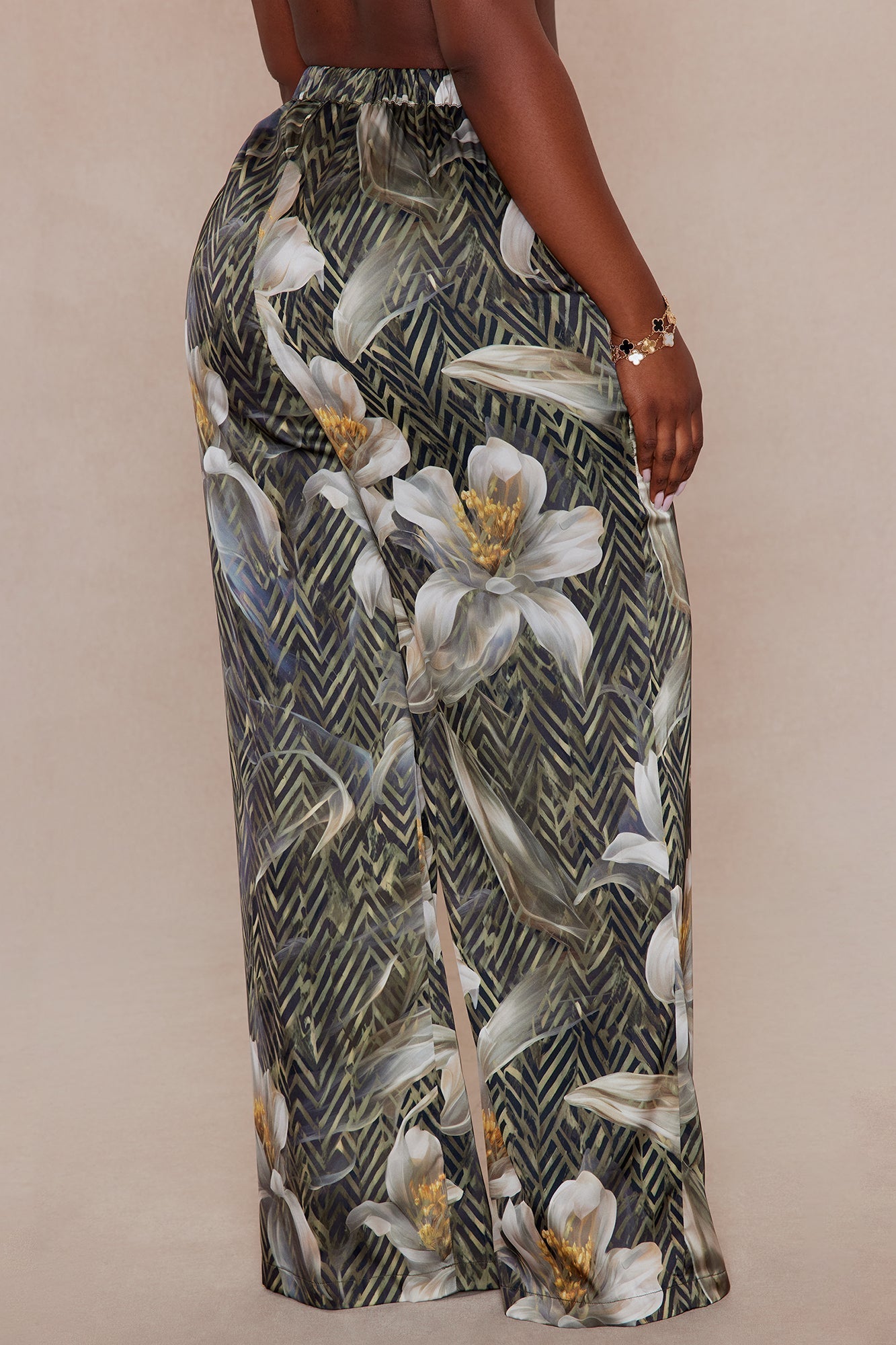 Alia Satin Wide Leg Pant - Green/combo