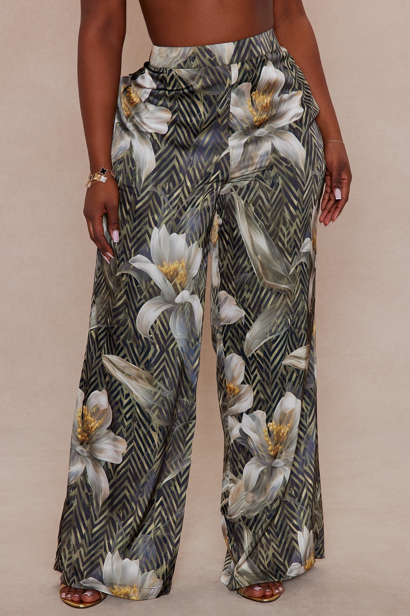 Alia Satin Wide Leg Pant - Green/combo