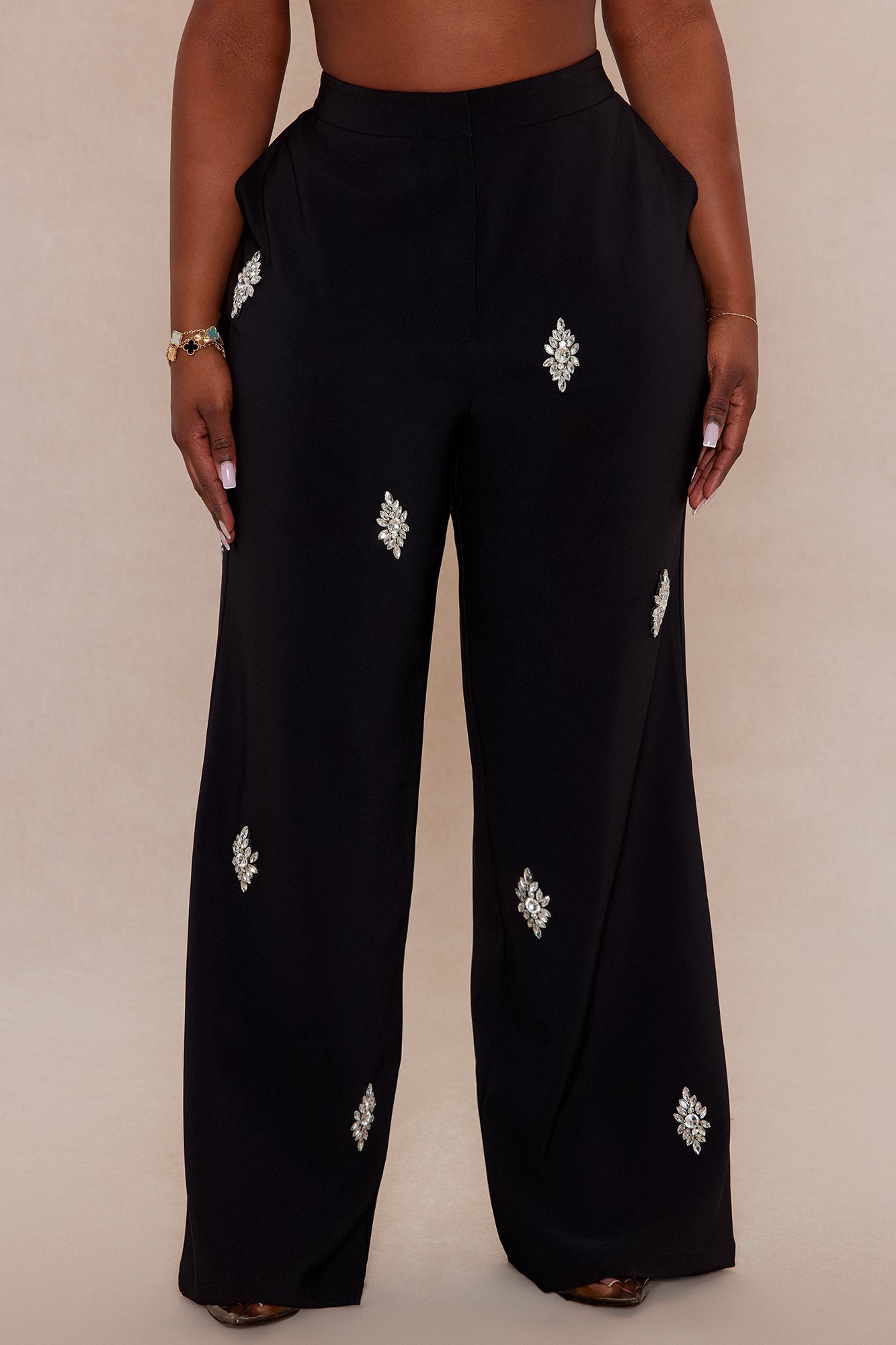 Liza Rhinestone Wide Leg Pant - Black