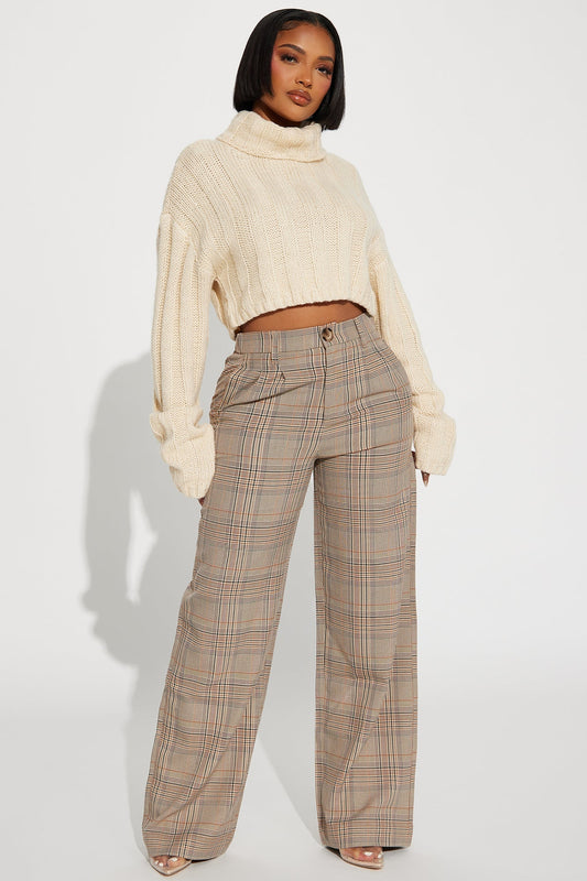 Talk Later Wide Leg Plaid Trouser - Khaki/combo