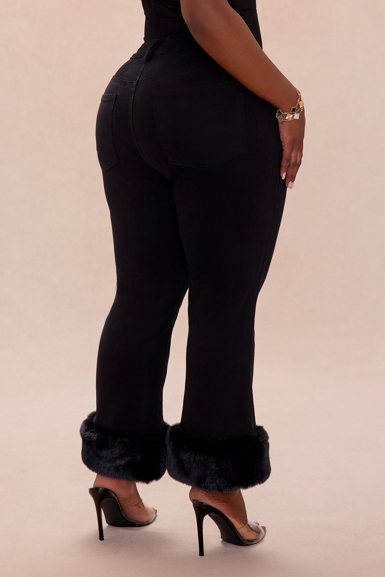 Quinn Fur Trim Denim Jeans - Black
