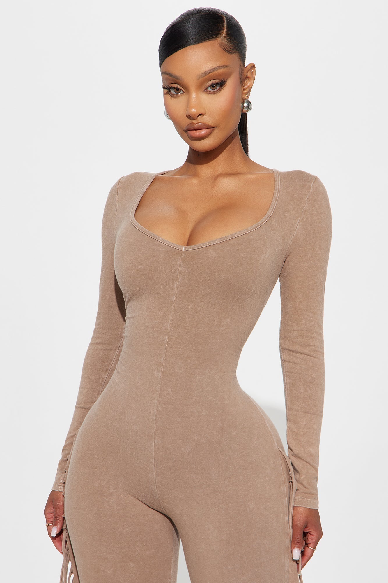 Carry Me Higher Long Sleeve Fringe Jumpsuit - Mocha