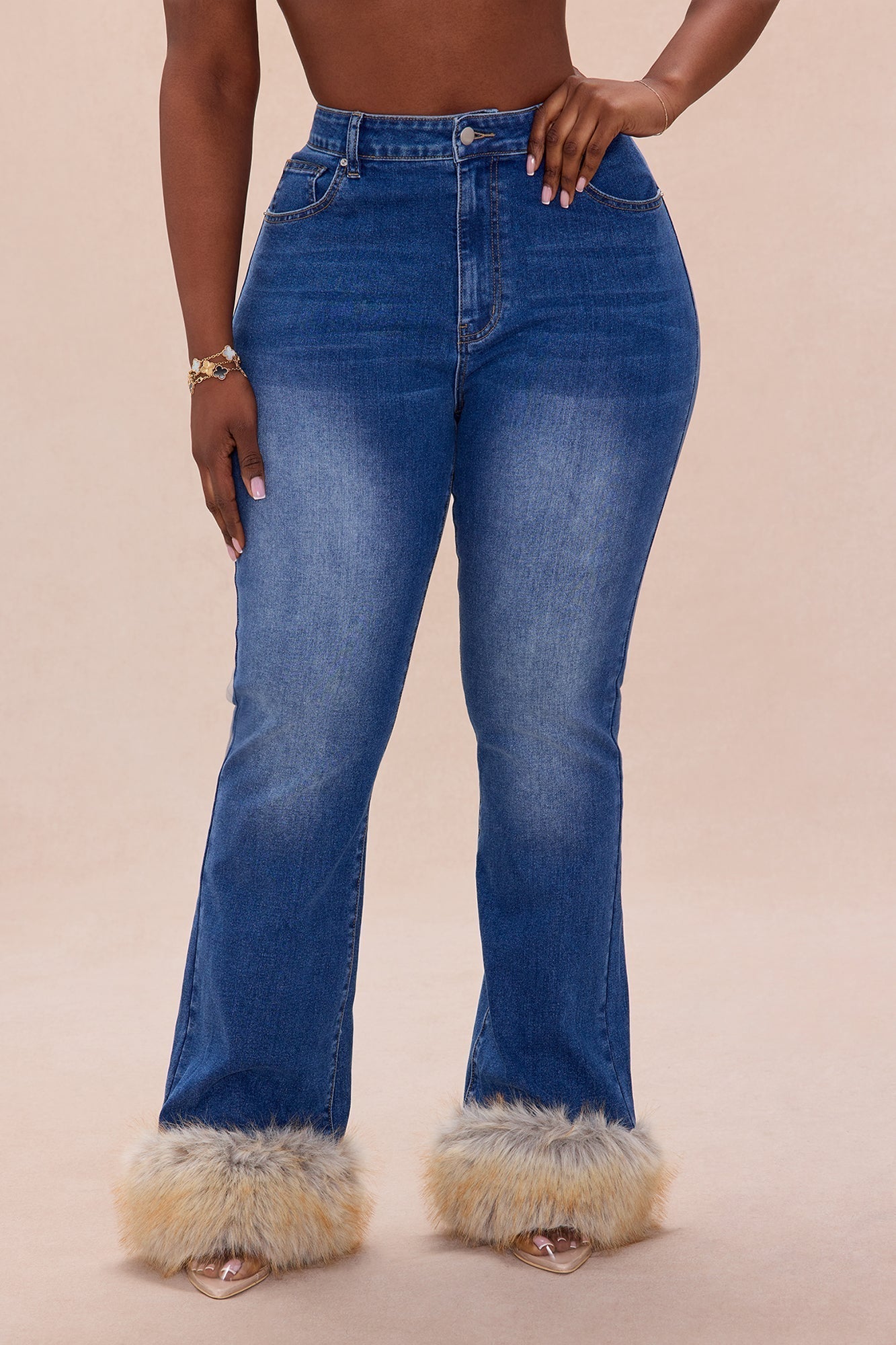 Raven Faux Fur Cuff Jeans - Denim