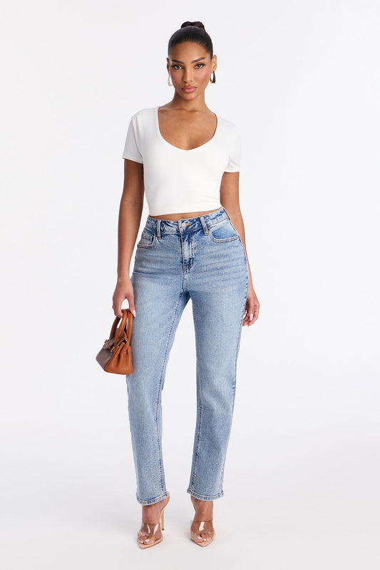 Summer Sky High Waist Slim Straight Leg Jeans - Medium Wash