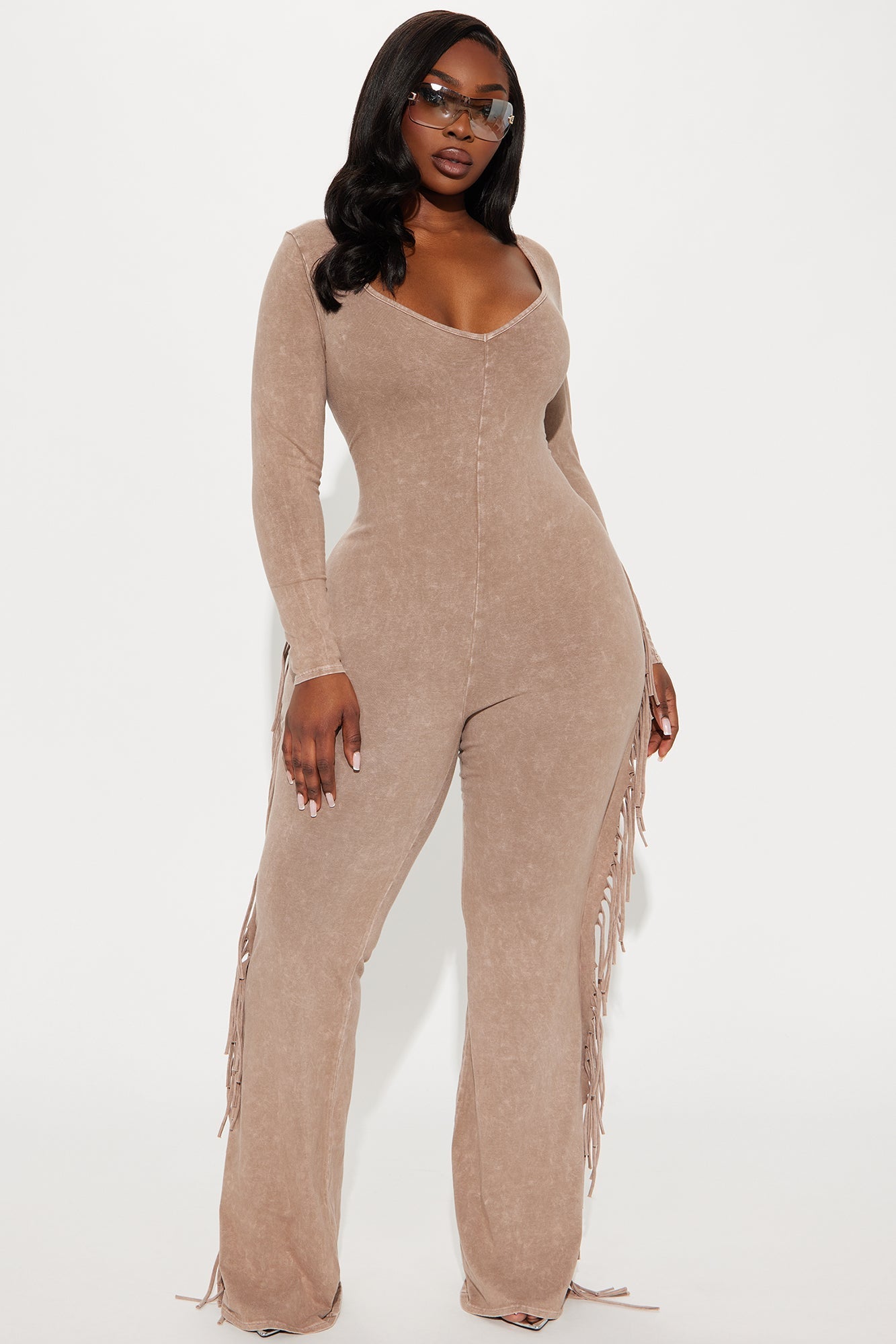 Carry Me Higher Long Sleeve Fringe Jumpsuit - Mocha
