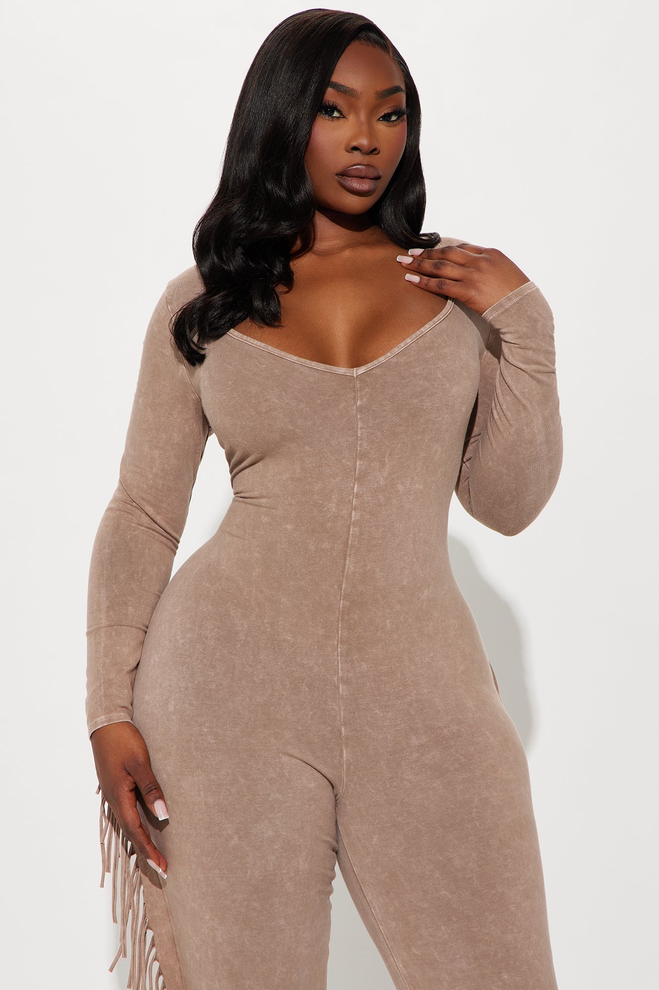 Carry Me Higher Long Sleeve Fringe Jumpsuit - Mocha