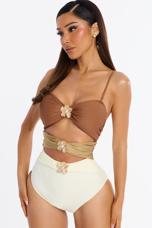 Karla Flower Hardware Cutout 1 Piece Swimsuit - Tan/Multi