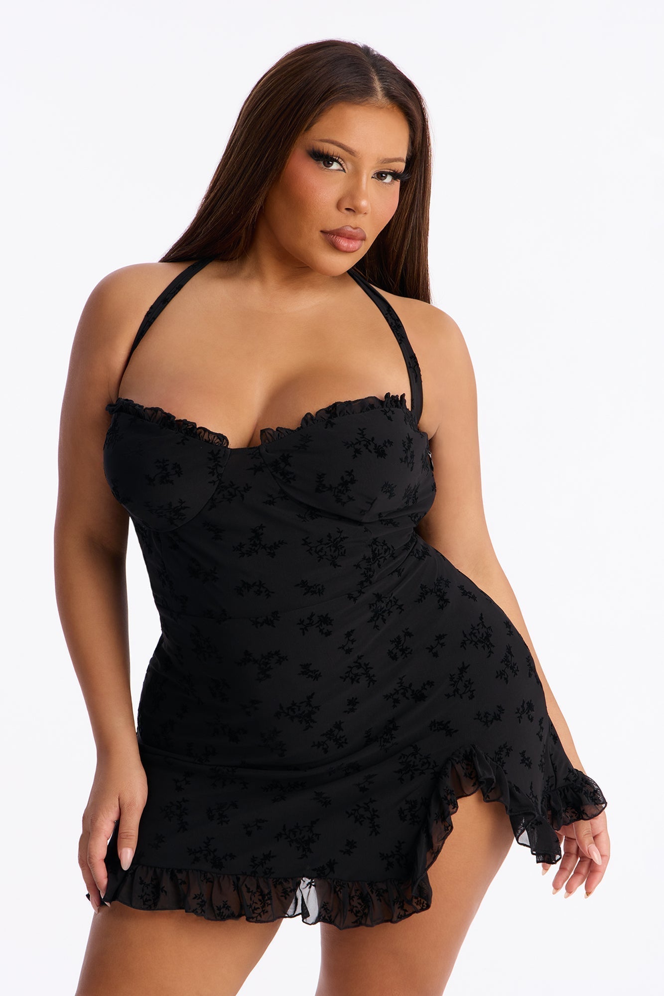 Julia Flocked Mini Dress - Black