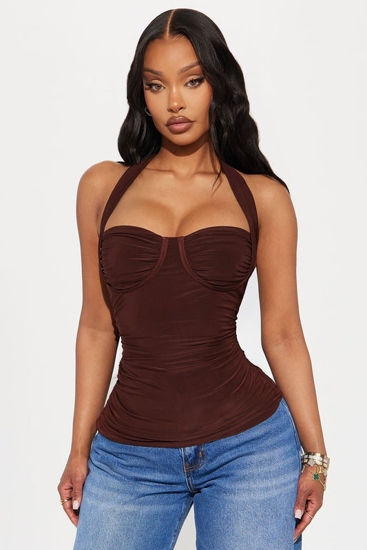Just A Feeling Ruched Halter Top - Chocolate