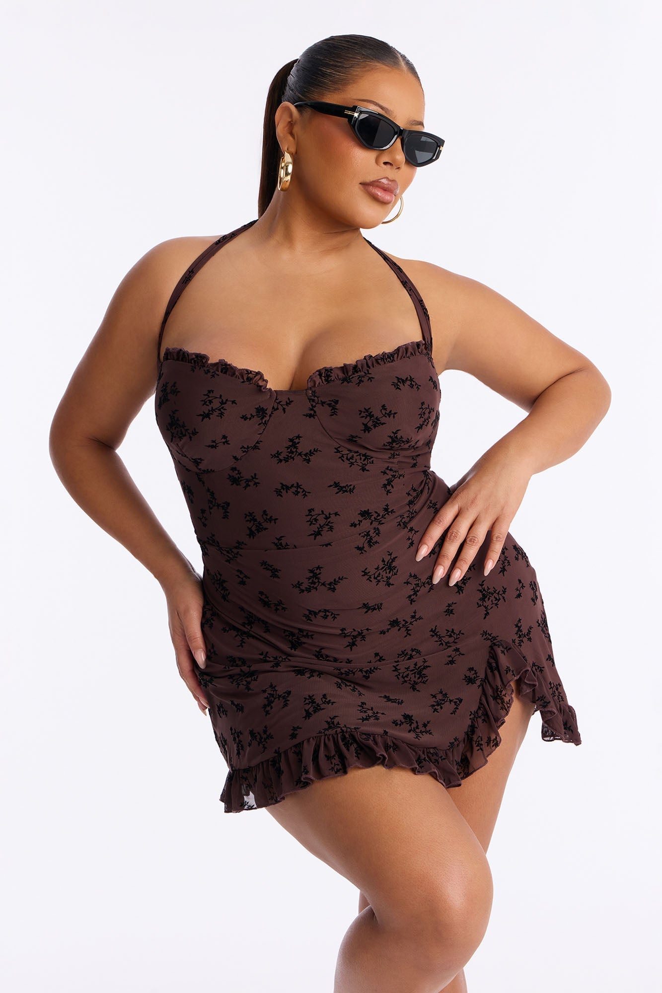 Julia Flocked Mini Dress - Chocolate