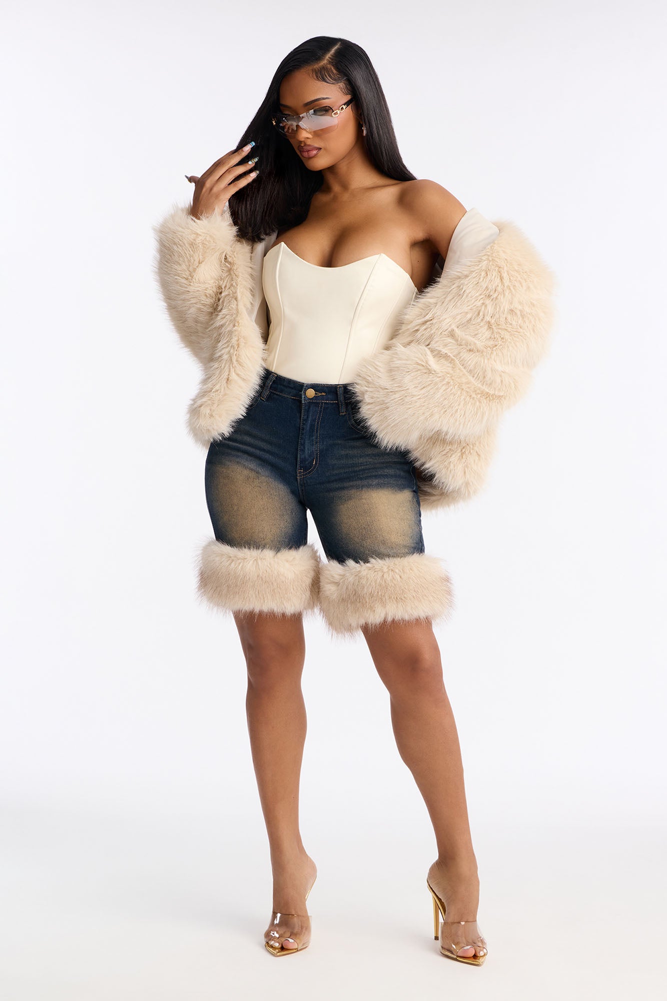 Da Bomb Faux Fur Denim Shorts - Vintage Wash