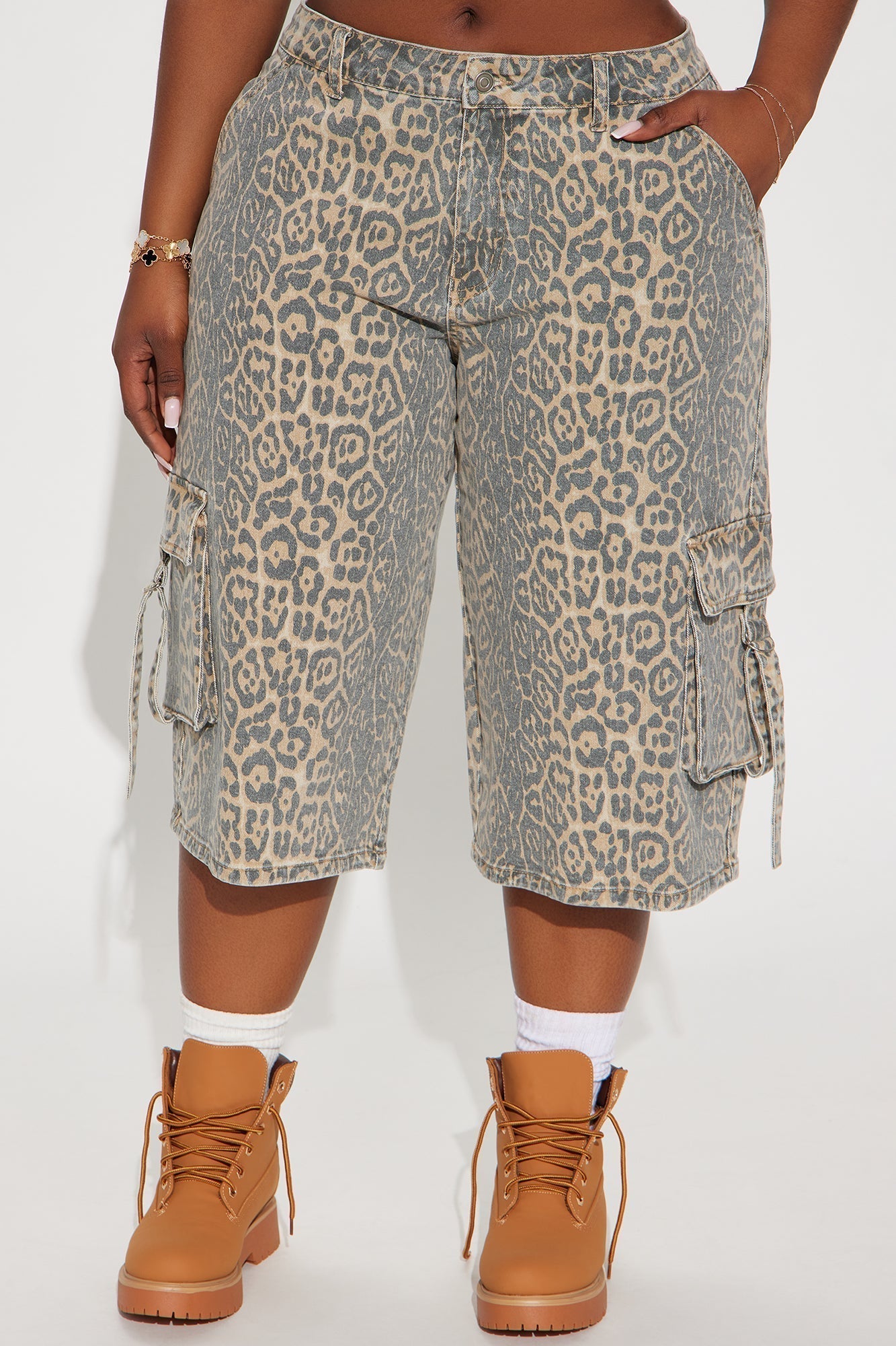 Getting Wild Animal Print Cargo Denim Jorts - Brown Combo