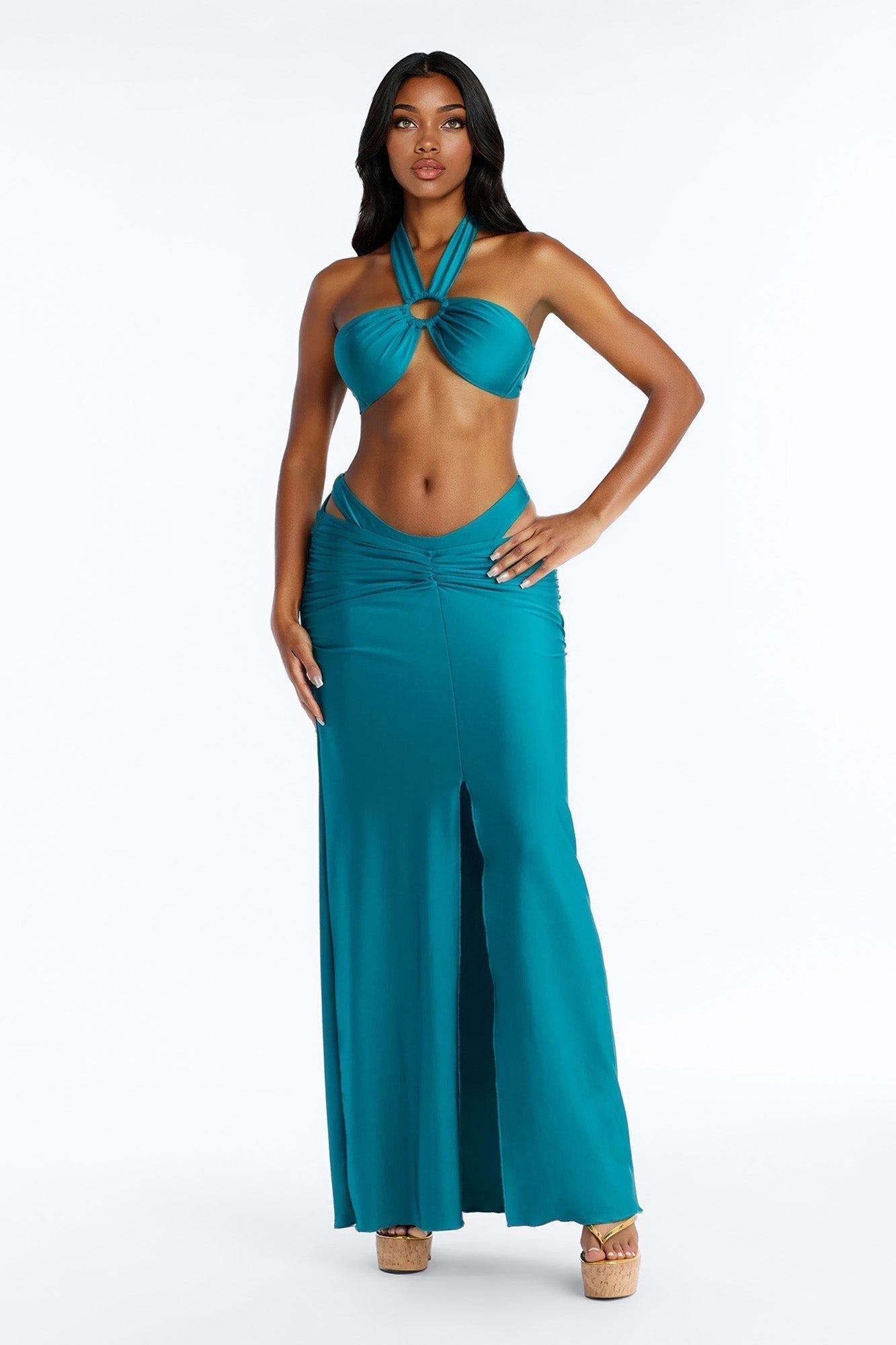 Celestina Bandeau Ruched 3 Piece Bikini & Skirt Set - Teal