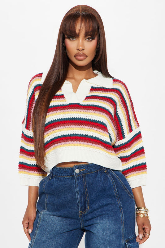 Vacay Vibe Striped Crochet Polo - Multi Color