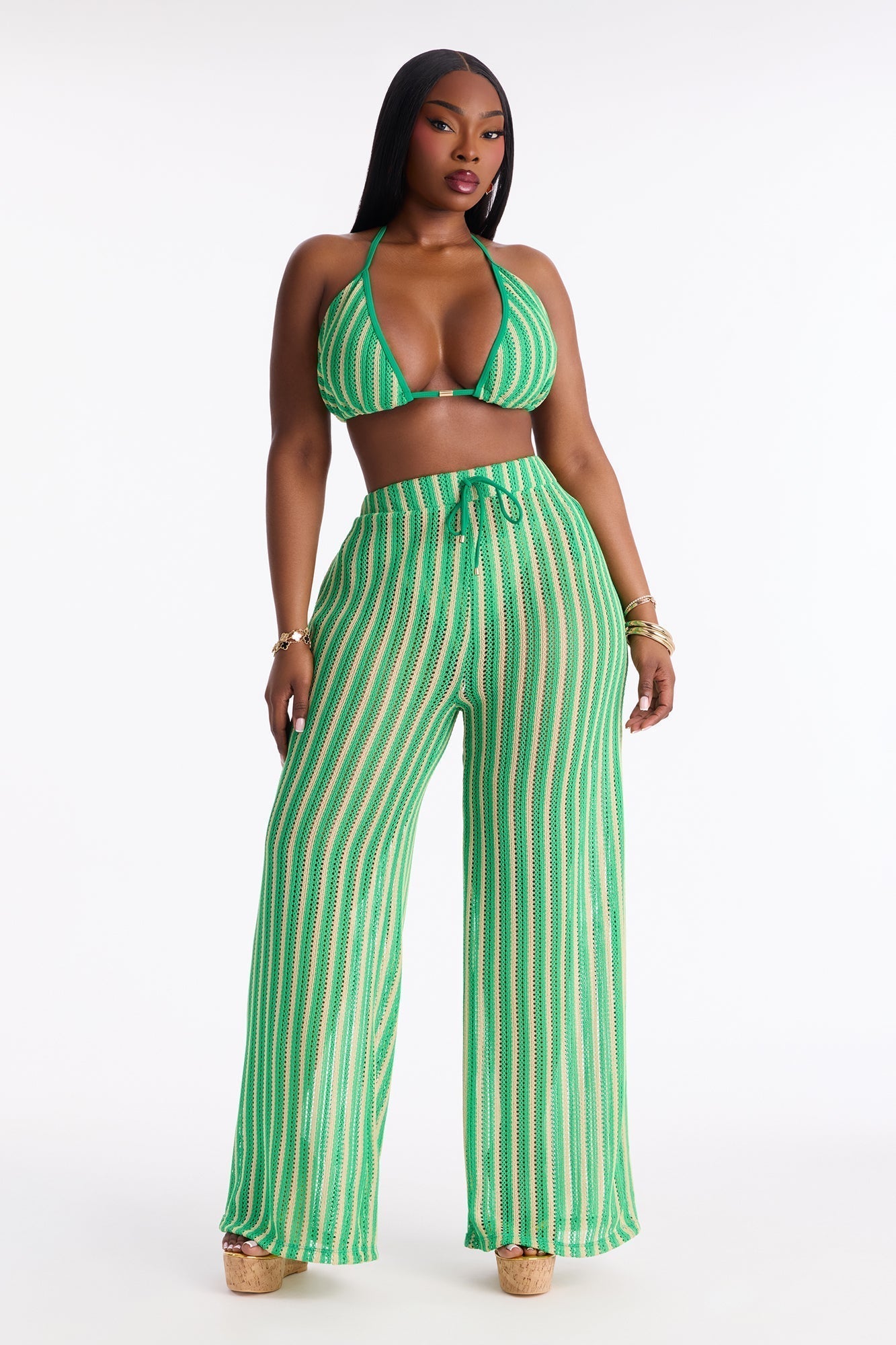 Callie Crochet 3 Piece Bikini & Pants Set - Green/combo