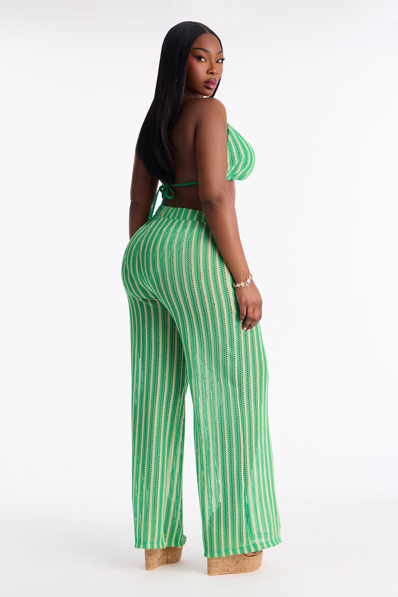 Callie Crochet 3 Piece Bikini & Pants Set - Green/combo