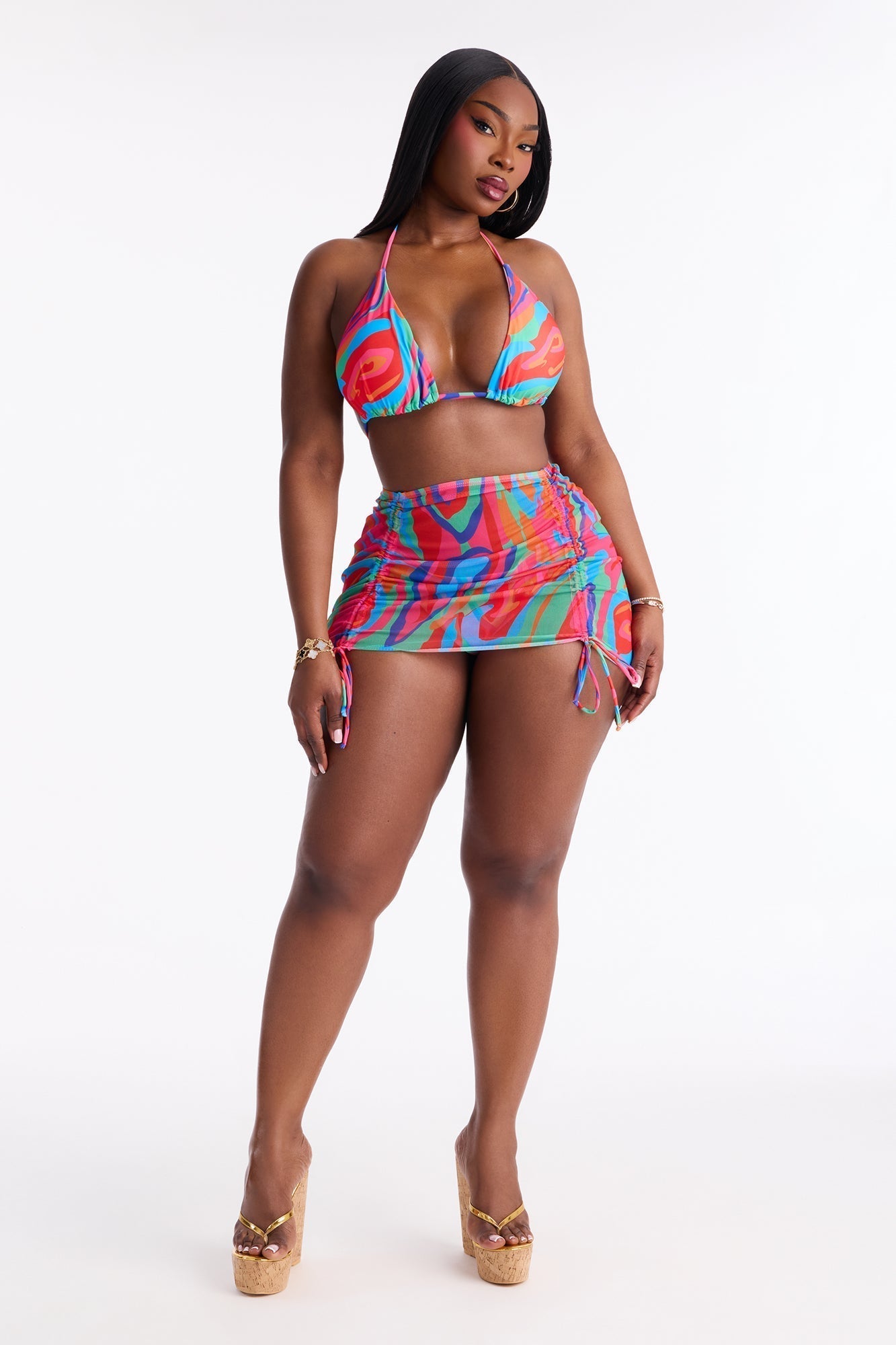 Kairi 3 Piece Bikini & Ruched Skirt Set - Multi Color