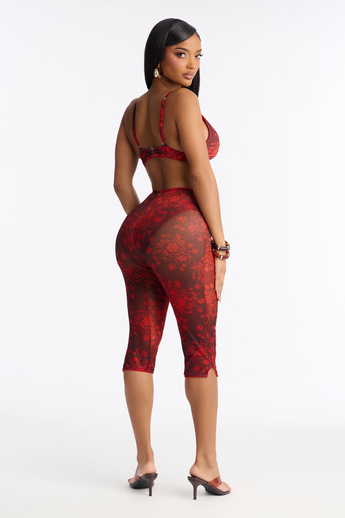 Sweet Talk 3 Piece Triangle Bralette Bikini & Mesh Capri Set - Burgundy/combo