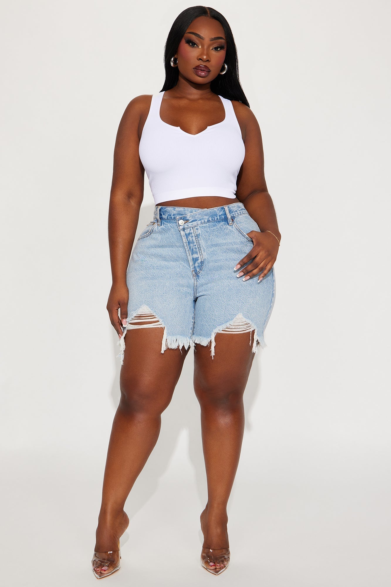 At A Glance Crossover Denim Shorts - Light Wash