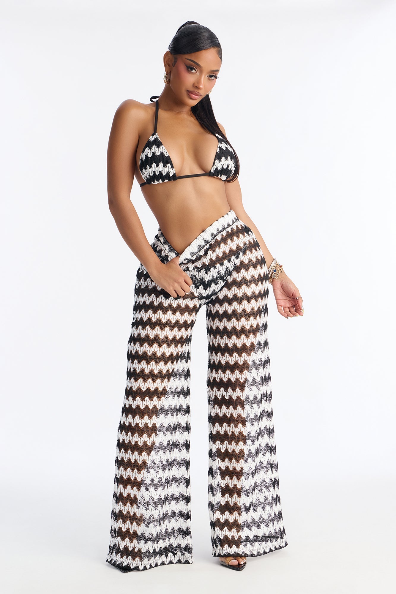 Bailey Crochet 3 Piece Bikini & Pants Set - Black/White