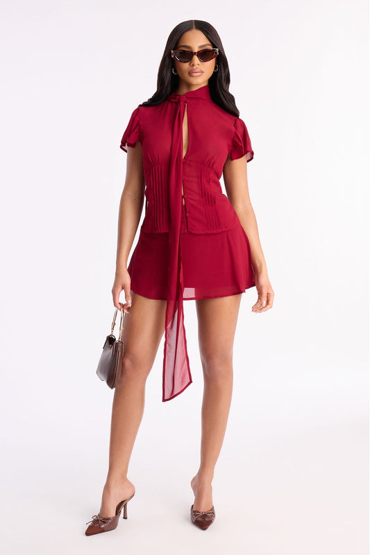 Remi Chiffon Ruched Mini Skirt - Red