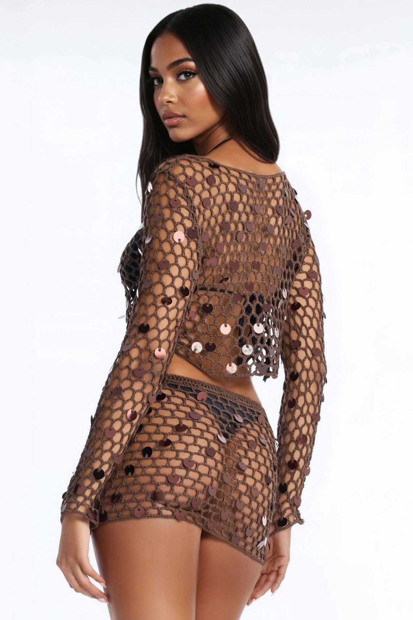 Lola Embellished Crochet Swim Cover Up Skirt Set - Chocolate