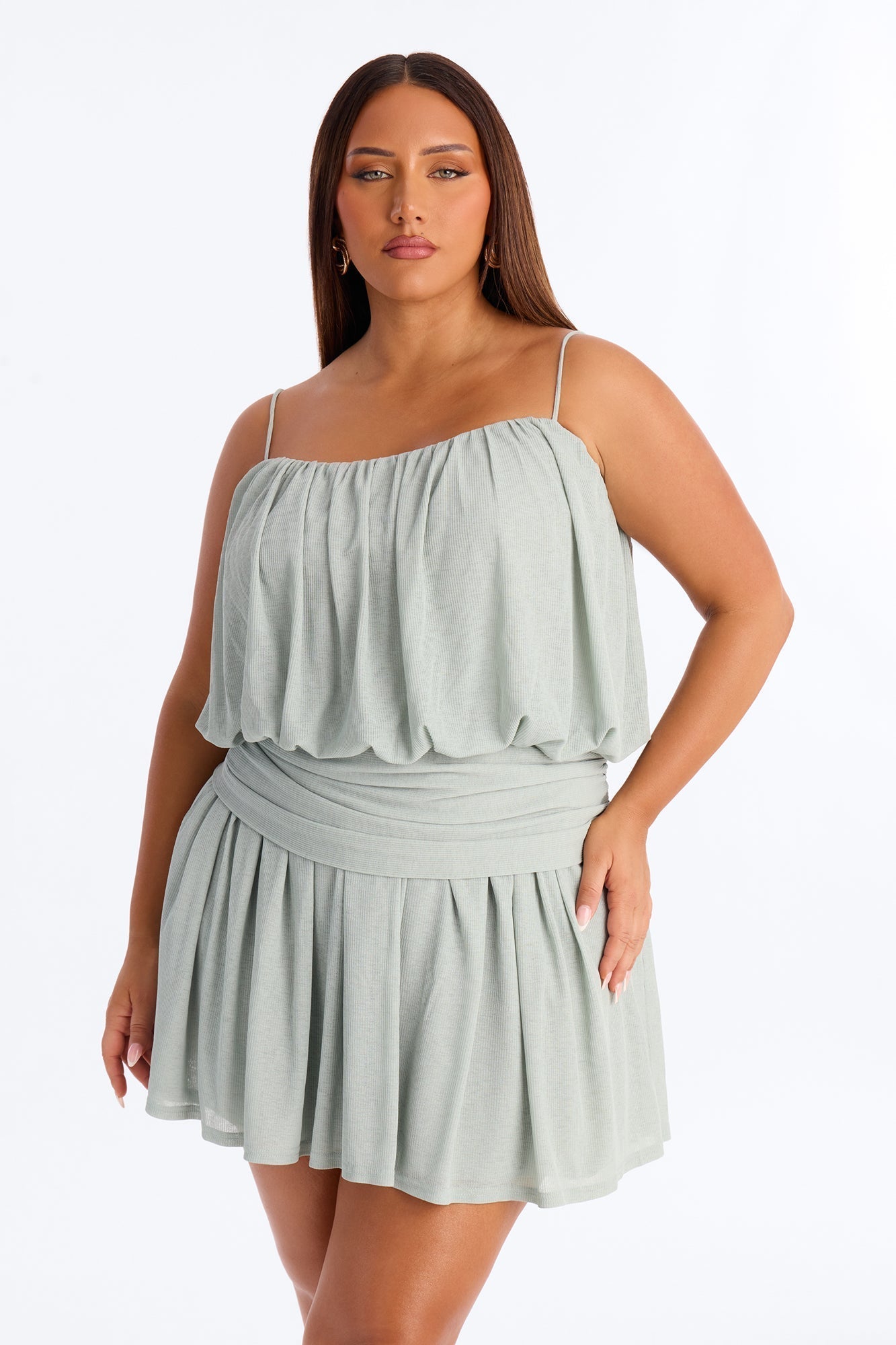 Luna Spaghetti Strap Textured Mini Dress - Sage