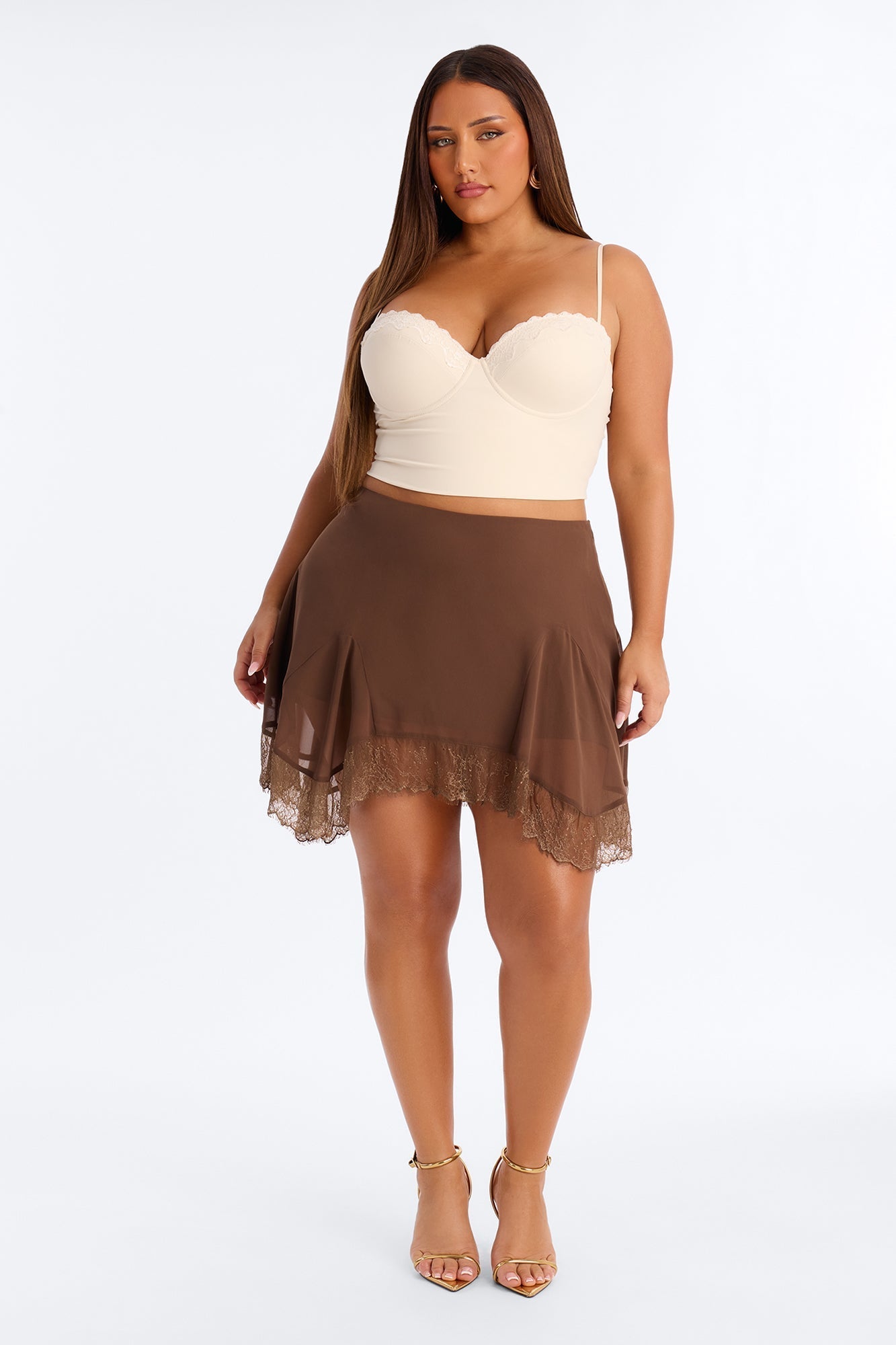 Sue Ellen Lace Trim Flowy Mini Skirt - Brown