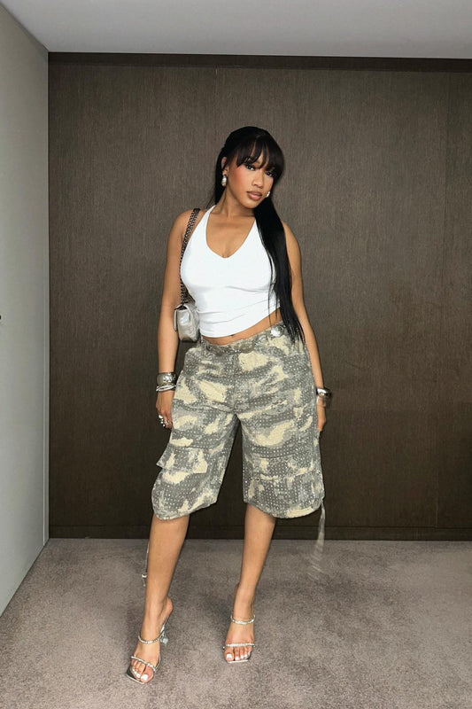 Look Don't Talk Embellished Bermuda Short - Olive/combo