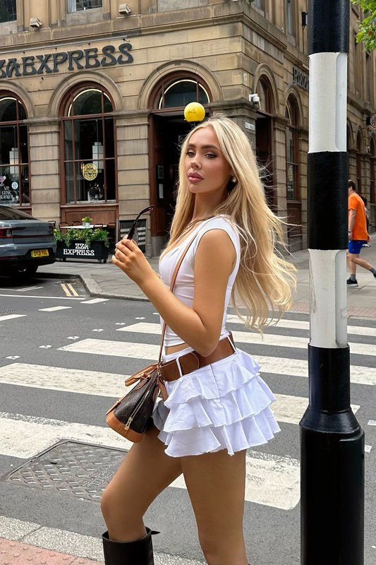 Sofia High Rise Belted Micro Mini Ruffle Skort - White