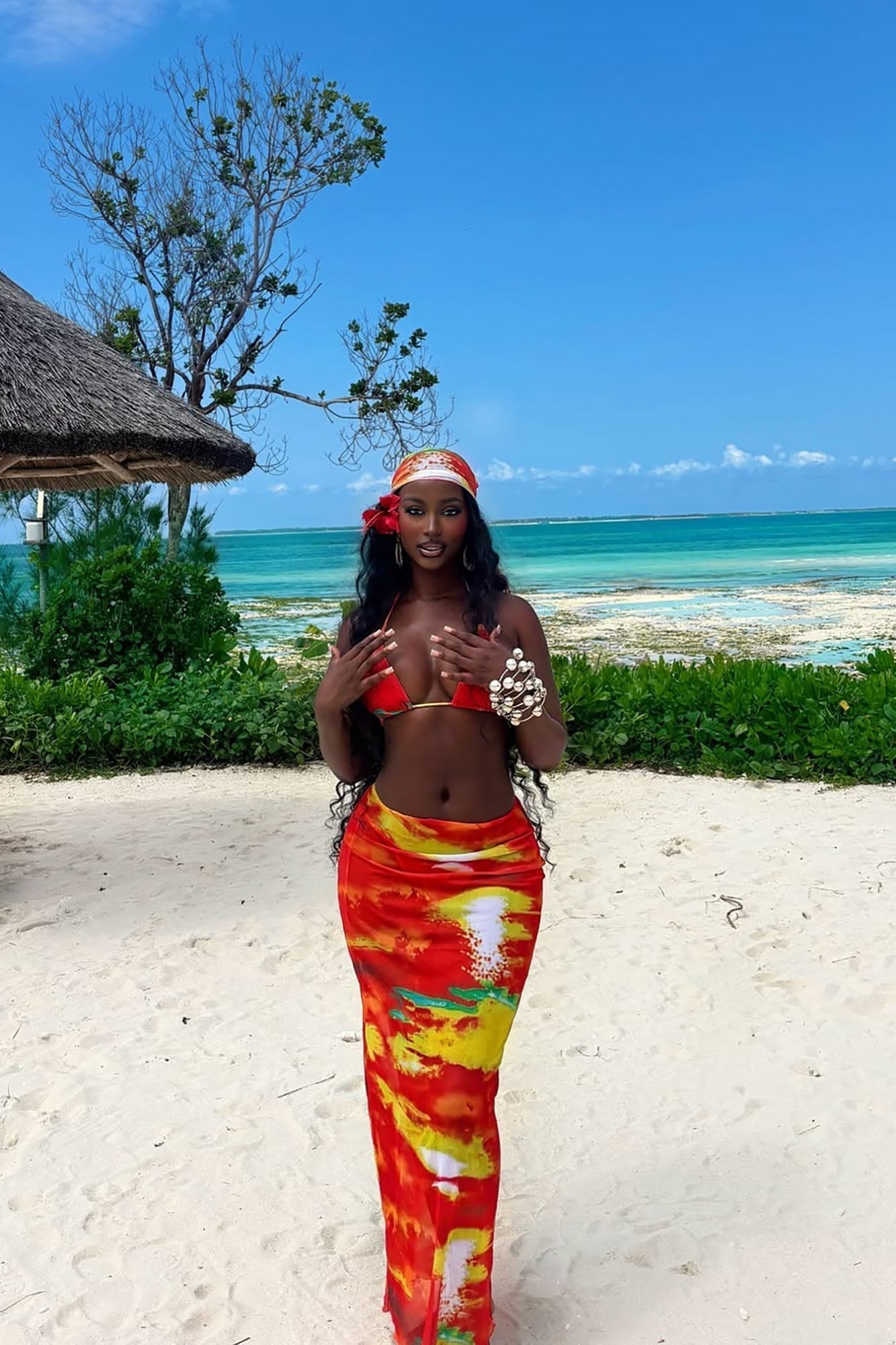 Dismas 4 Piece Bikini Skirt & Headscarf Set - Red/combo
