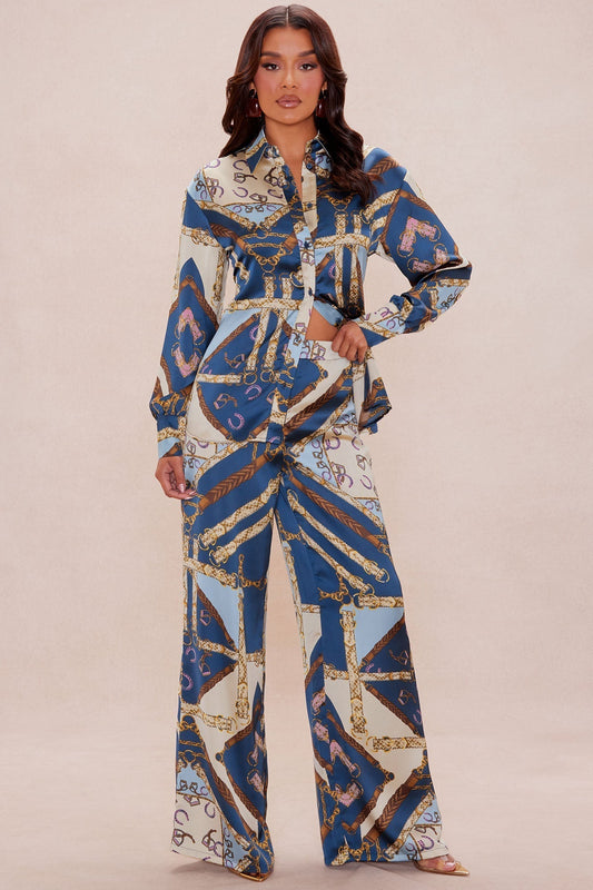 Paula Satin Wide Leg Pant - Blue/combo