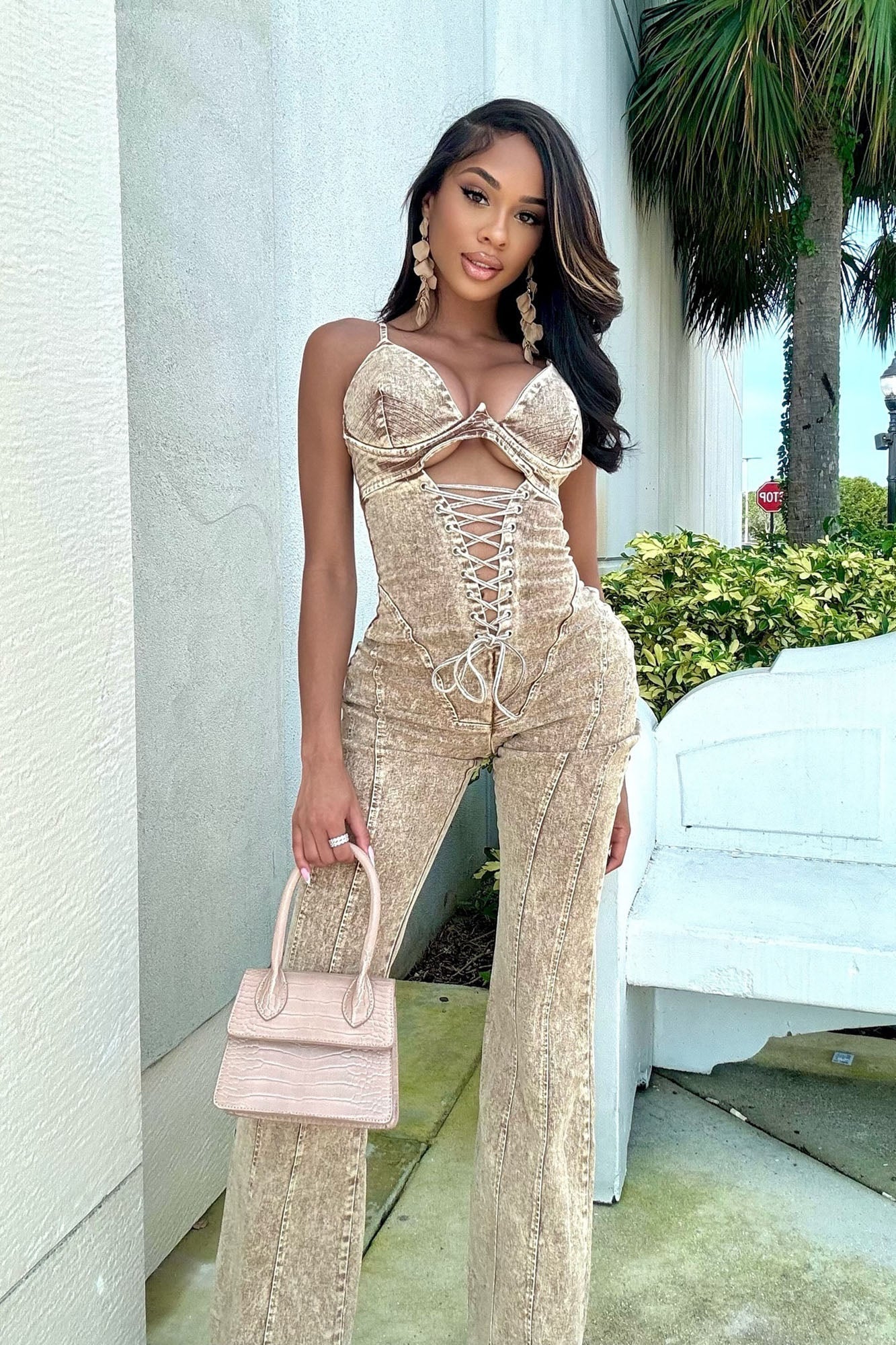Level You Up Washed Denim Jumpsuit - Tan