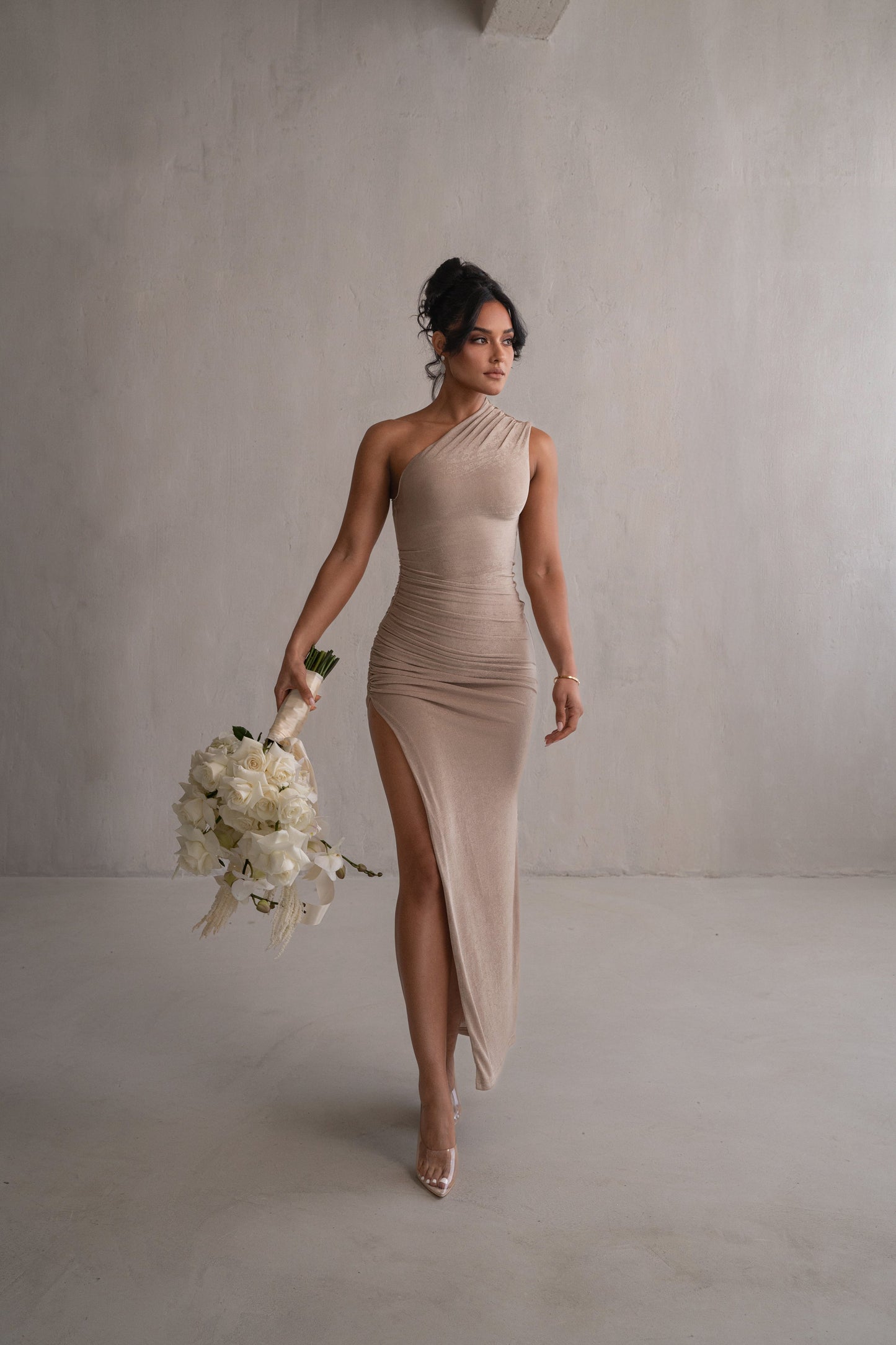 Taupe Contrast Eden One Shoulder Maxi Dress