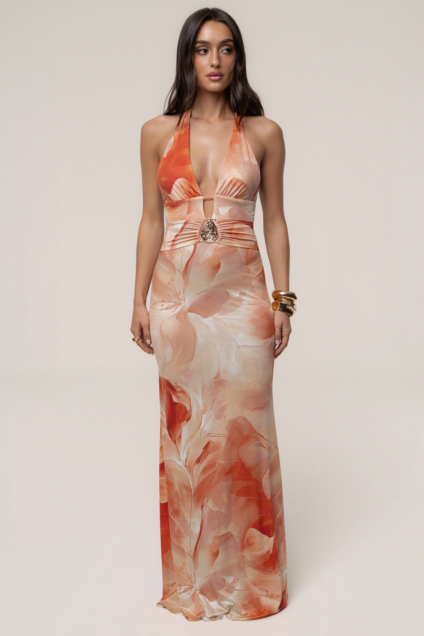 Orange Floral Blossom Print Maxi Dress