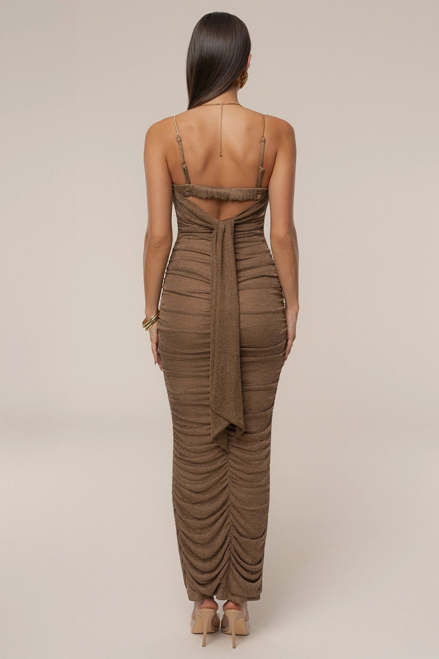 Bronze Ruched Metallic Maxi Dress