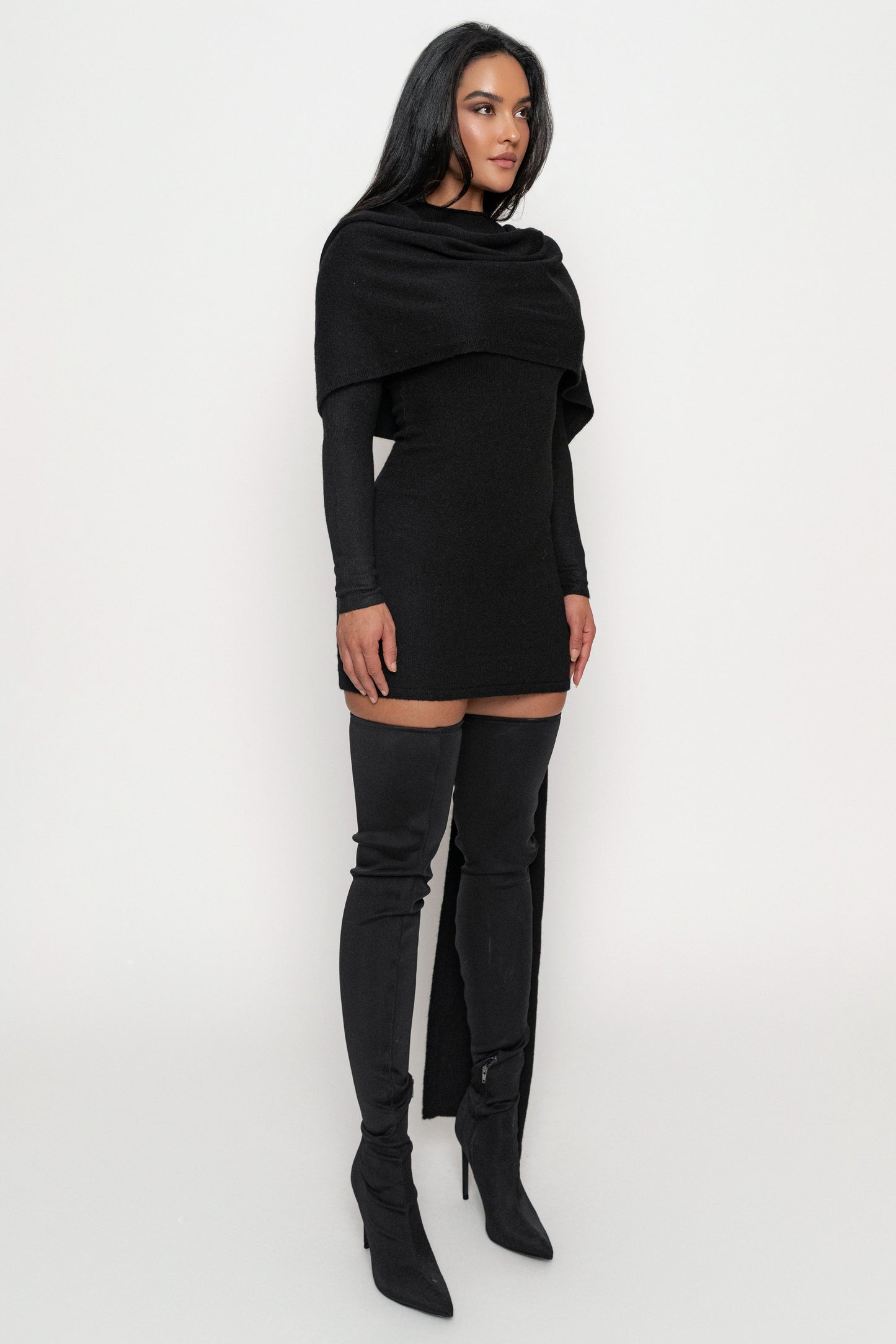 Black Scarf Draped Mini Dress