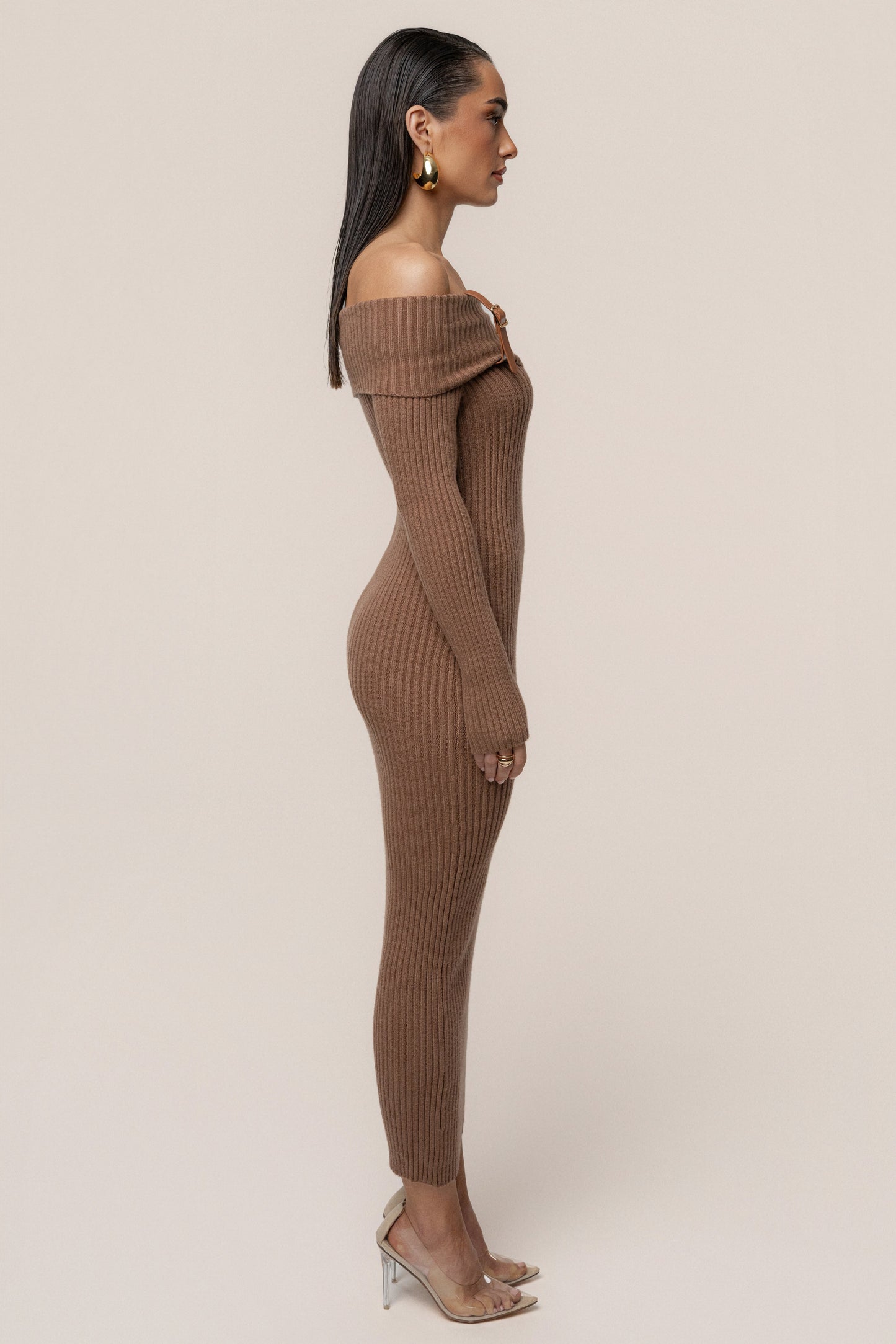 Tan Kira Ribbed Midi Dress