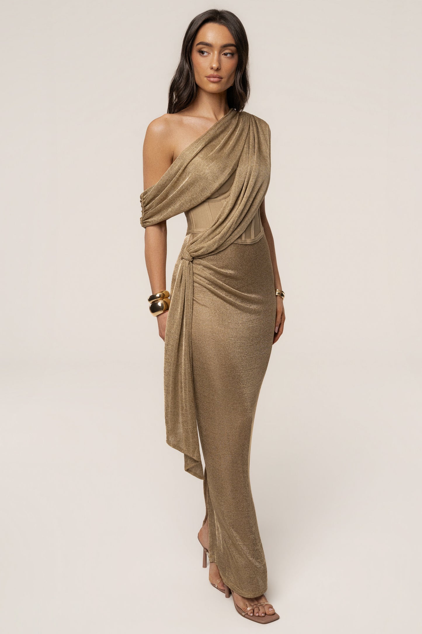 Gold Metallic Celestina Draped Maxi Dress