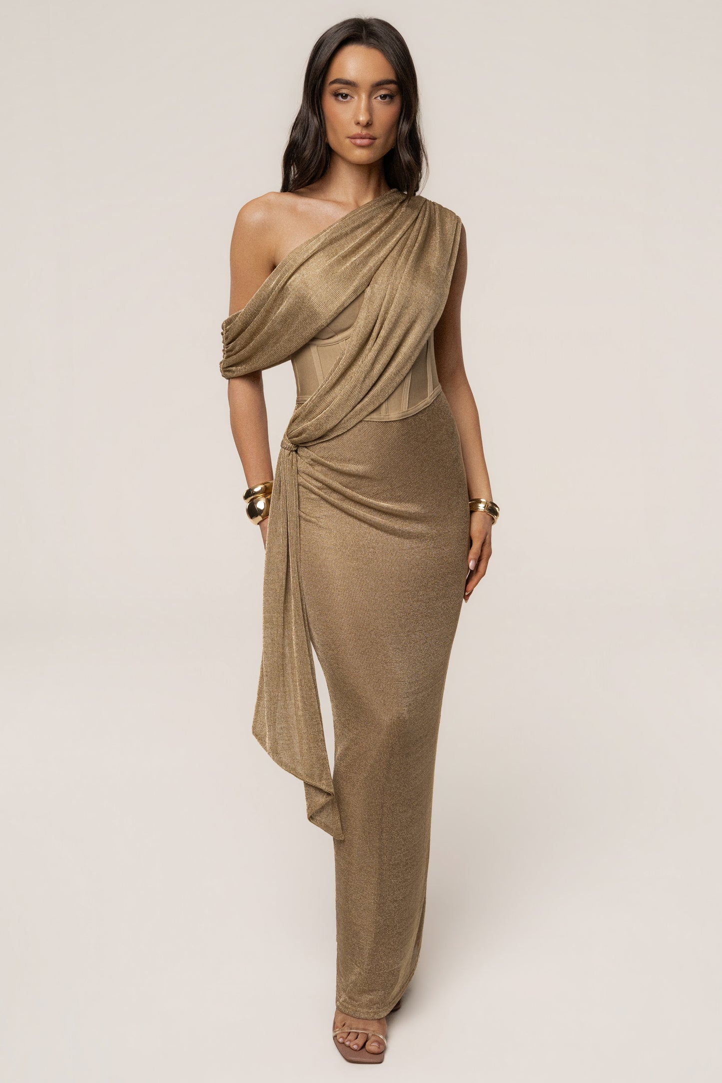 Gold Metallic Celestina Draped Maxi Dress